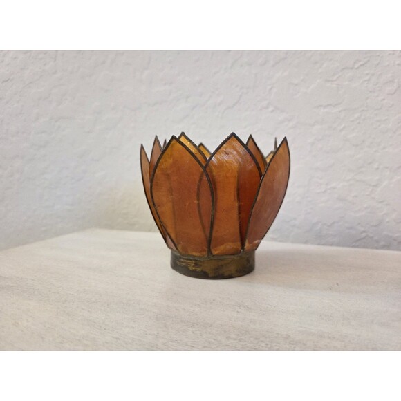 Vintage Capiz Shell Lotus Flower Burnt Orange with Brass Accent Candle Holder - Picture 2 of 12